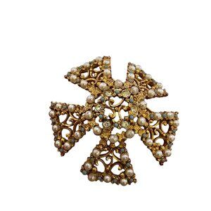 Vintage Signed Florenza Pearl Maltese Cross Brooch (A9208)